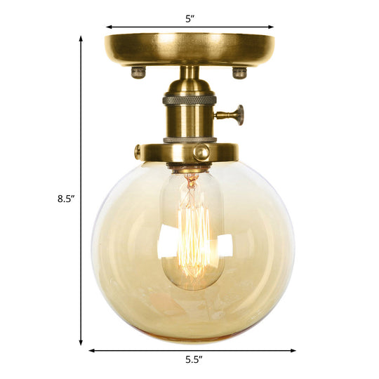 Semi Flush Bronze Globe Round Ceiling Light With Industrial Clear/Amber Glass - 1 - Light Fixture