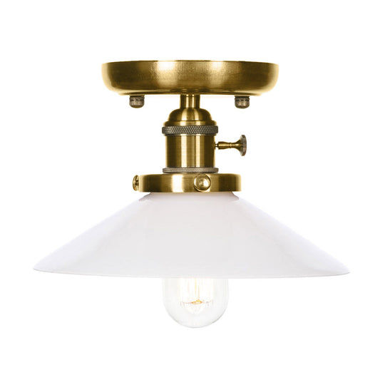 Industrial Bronze Cone/Saucer Semi Flush Mount Light With White/Clear Glass - 1 Living Room Ceiling