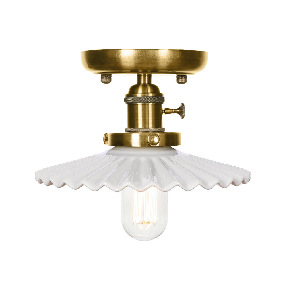 Industrial Bronze Cone/Saucer Semi Flush Mount Light With White/Clear Glass - 1 Living Room Ceiling