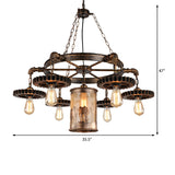 Vintage Metal Cylinder Chandelier With Gear In Bronze - 5/7 Light Pendant For Dining Room