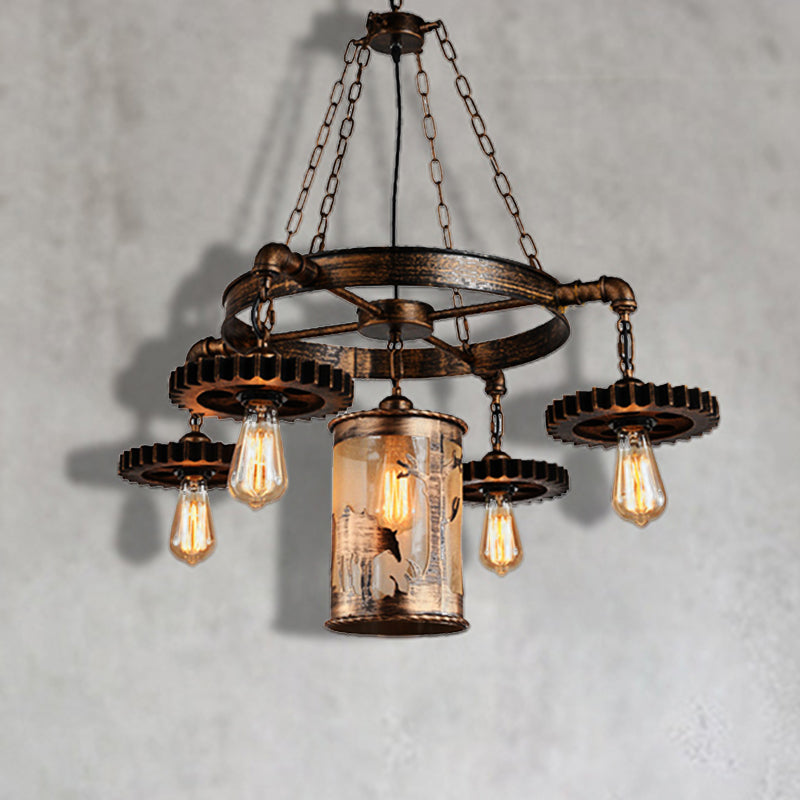 Vintage Metal Cylinder Chandelier: 5/7 Light Dining Room Pendant In Bronze With Gear