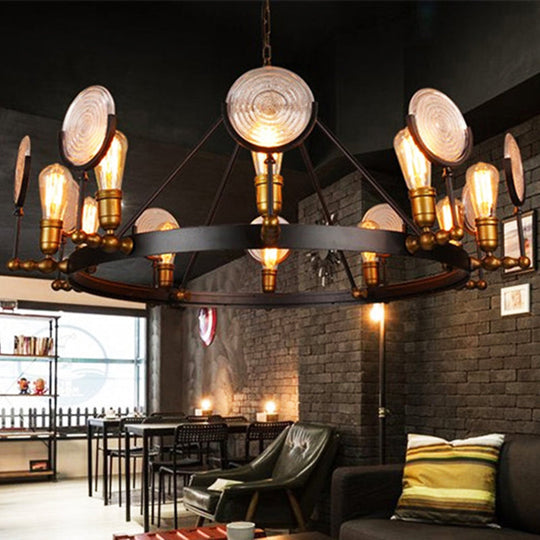 Clear Textured Glass Chandelier: Round Industrial Pendant Lighting - 6/8 Light | Brass Finish For