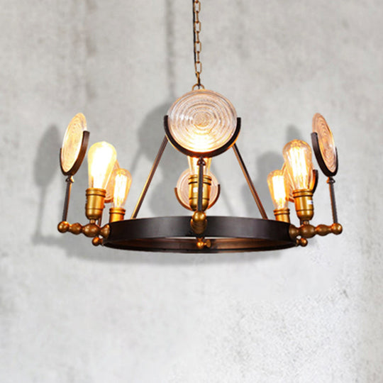 Clear Textured Glass Chandelier: Round Industrial Pendant Lighting - 6/8 Light | Brass Finish For