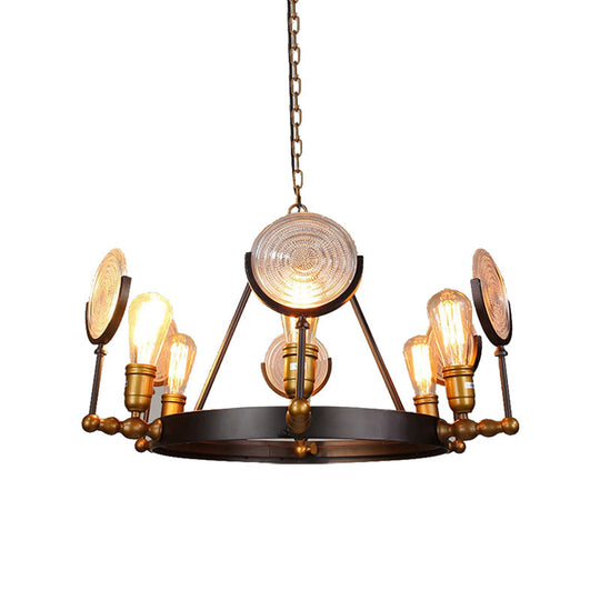 Clear Textured Glass Chandelier: Round Industrial Pendant Lighting - 6/8 Light | Brass Finish For