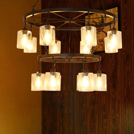 Industrial Clear Glass Cylinder Chandelier – Black 6/14 Light Hanging Fixture For Dining Room