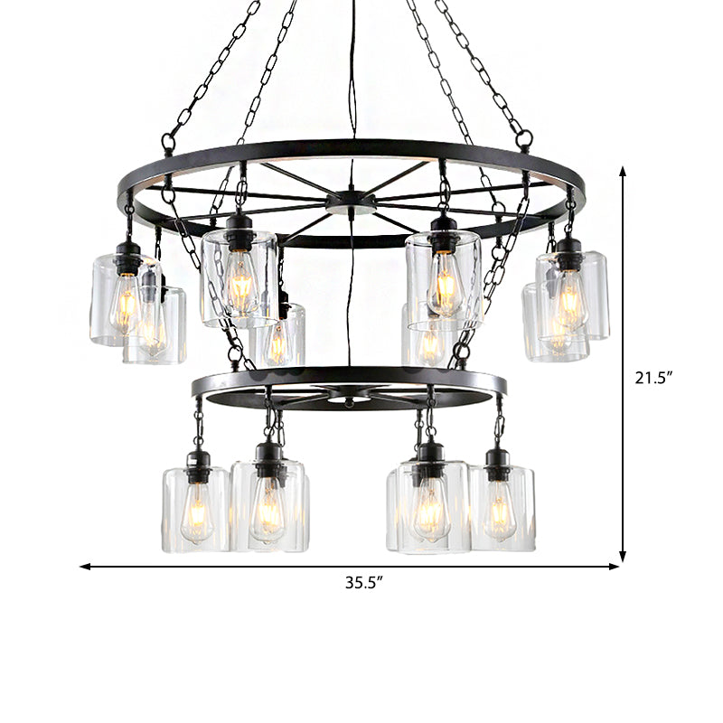 Industrial Clear Glass Cylinder Chandelier – Black 6/14 Light Hanging Fixture For Dining Room
