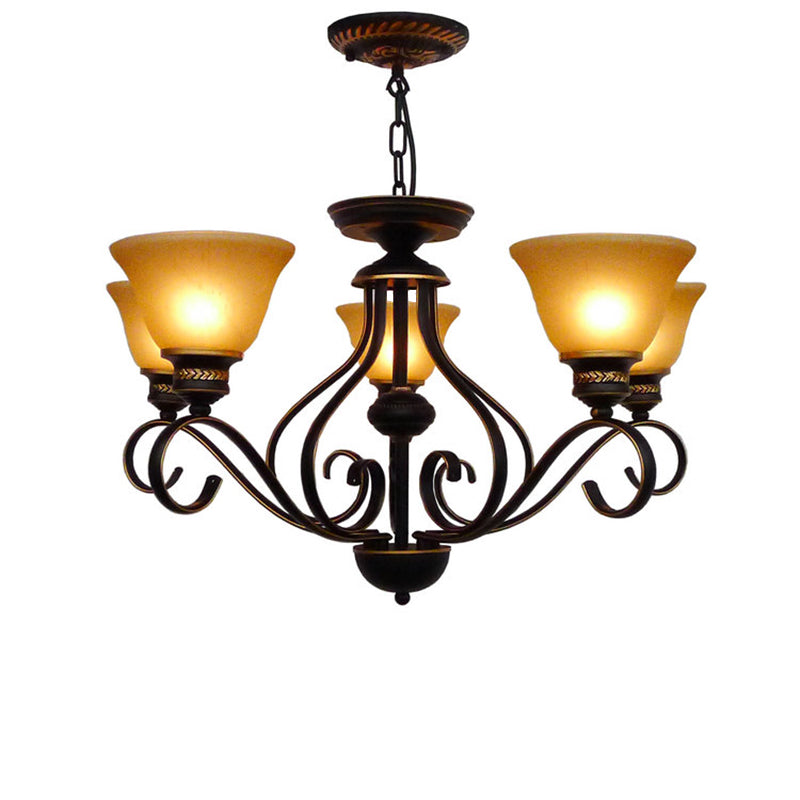 Traditional 5-Light Beige Frosted Glass Chandelier: Black Bell Pendant Fixture