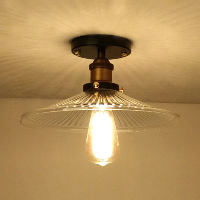 Semi Mount Ribbed Glass Cone Ceiling Light In Black/Brass/Copper - Industrial Style For Living Room