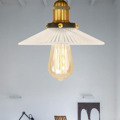 Semi Mount Ribbed Glass Cone Ceiling Light In Black/Brass/Copper - Industrial Style For Living Room