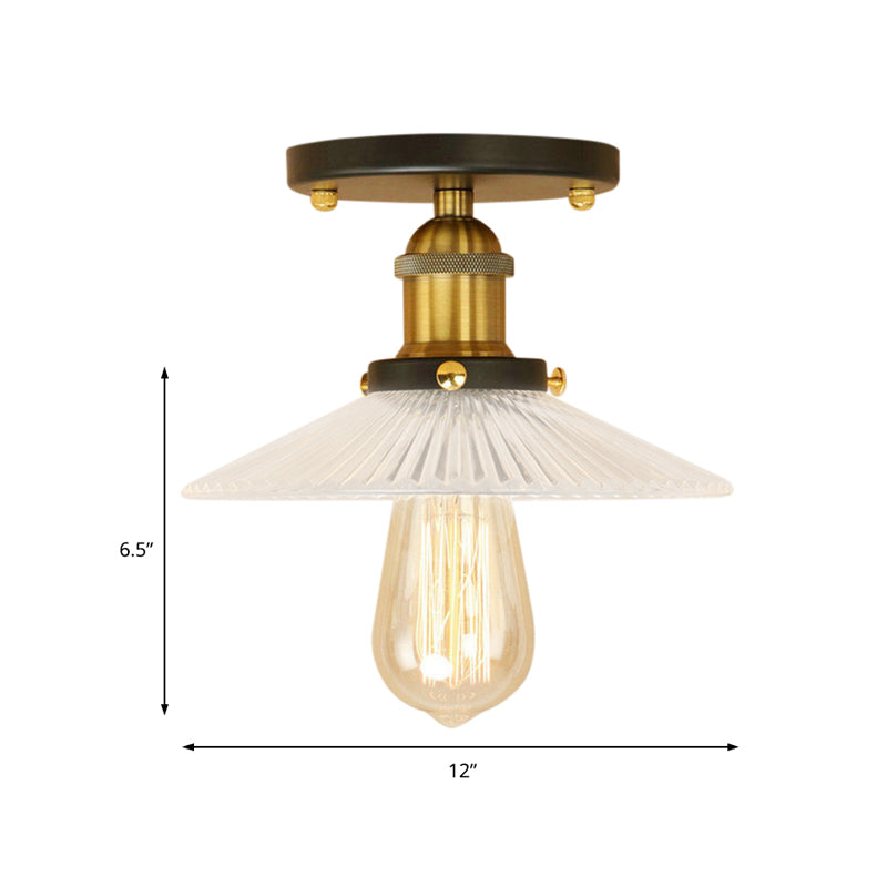 Semi Mount Ribbed Glass Cone Ceiling Light In Black/Brass/Copper - Industrial Style For Living Room