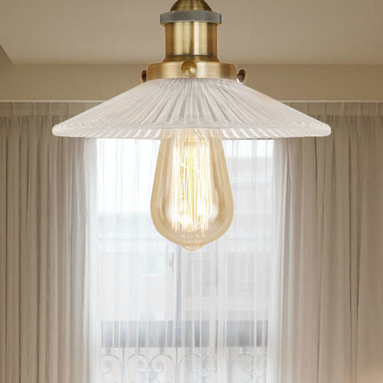 Semi Mount Ribbed Glass Cone Ceiling Light In Black/Brass/Copper - Industrial Style For Living Room