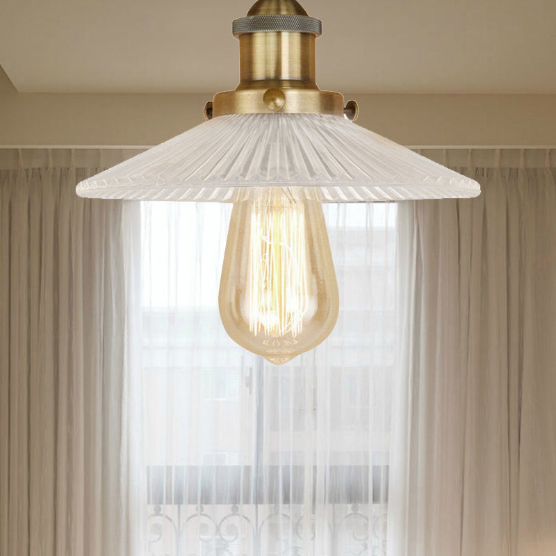 Semi Mount Ribbed Glass Cone Ceiling Light In Black/Brass/Copper - Industrial Style For Living Room