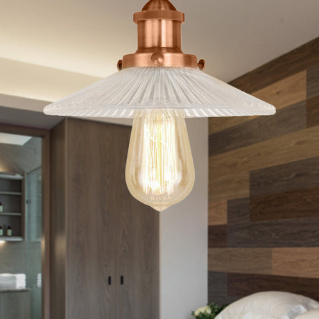 Semi Mount Ribbed Glass Cone Ceiling Light In Black/Brass/Copper - Industrial Style For Living Room