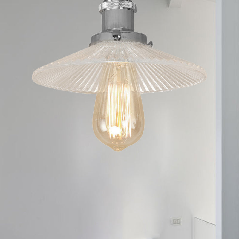 Semi Mount Ribbed Glass Cone Ceiling Light In Black/Brass/Copper - Industrial Style For Living Room