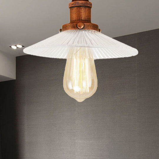Semi Mount Ribbed Glass Cone Ceiling Light In Black/Brass/Copper - Industrial Style For Living Room