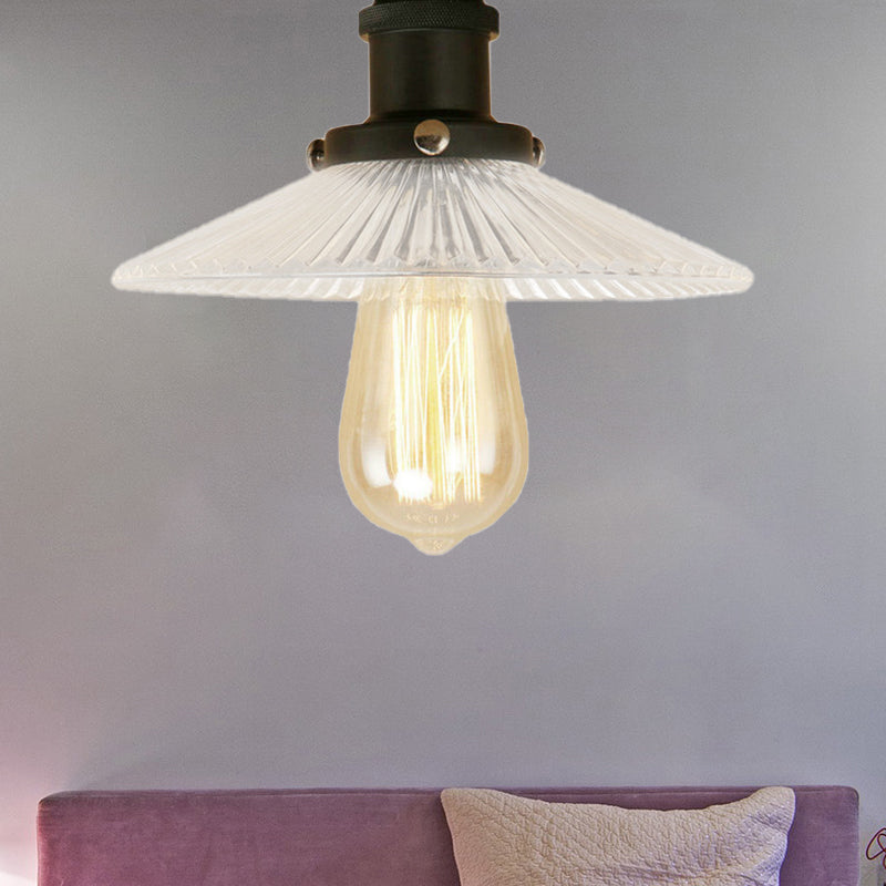 Semi Mount Ribbed Glass Cone Ceiling Light In Black/Brass/Copper - Industrial Style For Living Room