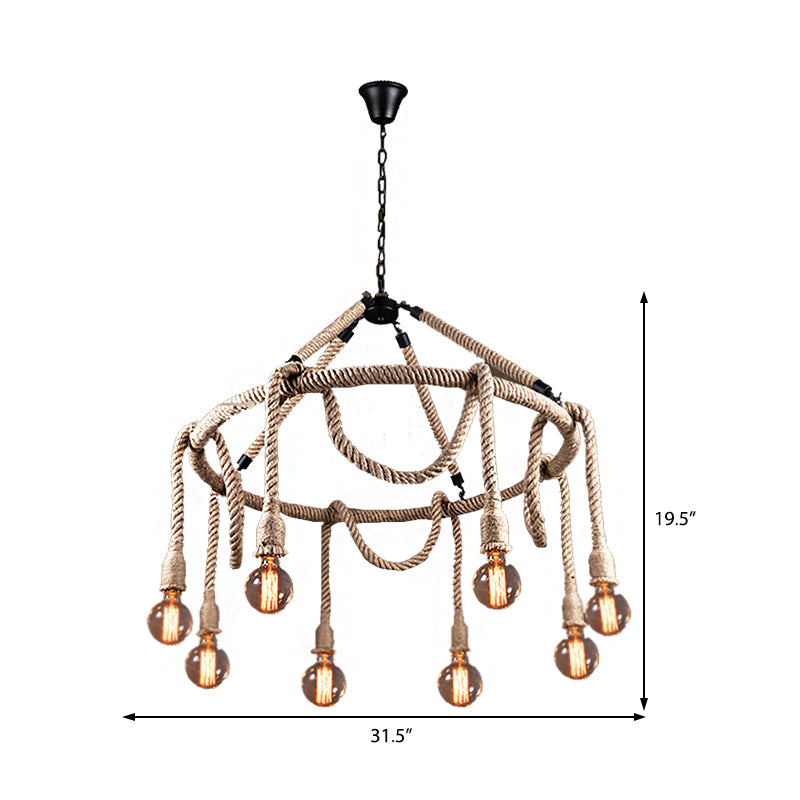 Industrial Beige Rope Chandelier - Exposed Bulbs 6/8 Lights Ideal For Dining Room