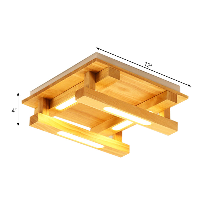 Led Flush Ceiling Light With Square Wood Shade - Modernist Brown Finish For Living Room (1/4/9