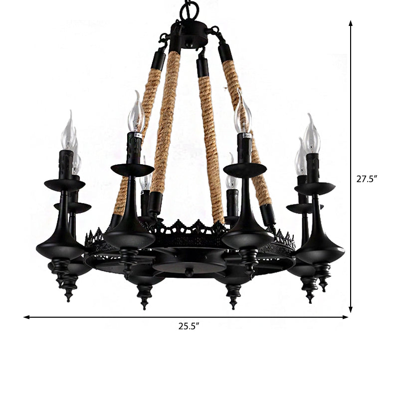 Rustic Metal And Rope Pendant Chandelier With 3/6/8 Lights - Black Candle Dining Room Hanging