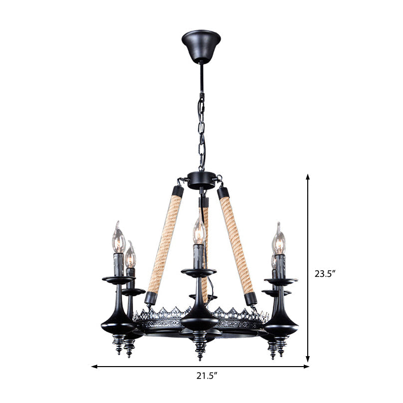 Rustic Metal And Rope Pendant Chandelier With 3/6/8 Lights - Black Candle Dining Room Hanging