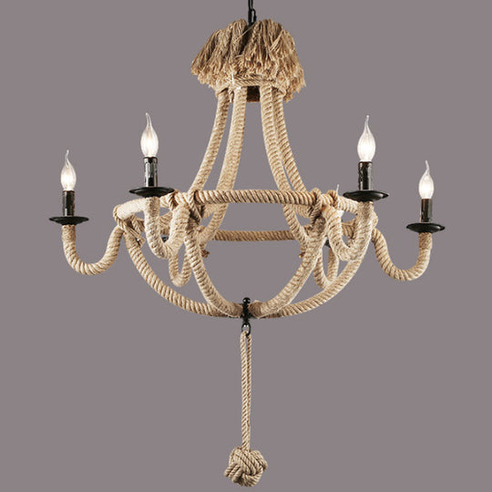 Rustic Style Candle Rope Chandelier In Beige – Dining Room Pendant Lighting (3/6 Lights)
