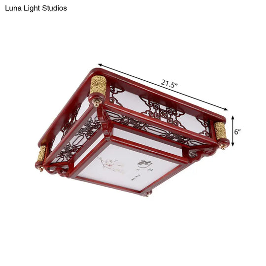 21.5/39 Led Rectangle Flush Mount Traditional Dark Red Wood Light Fixture For Living Room