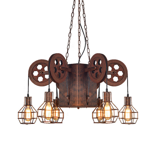 Industrial Metal Rust Pendant Lamp With Caged Globe - 4/6 Light Chandelier Fixture And Gear