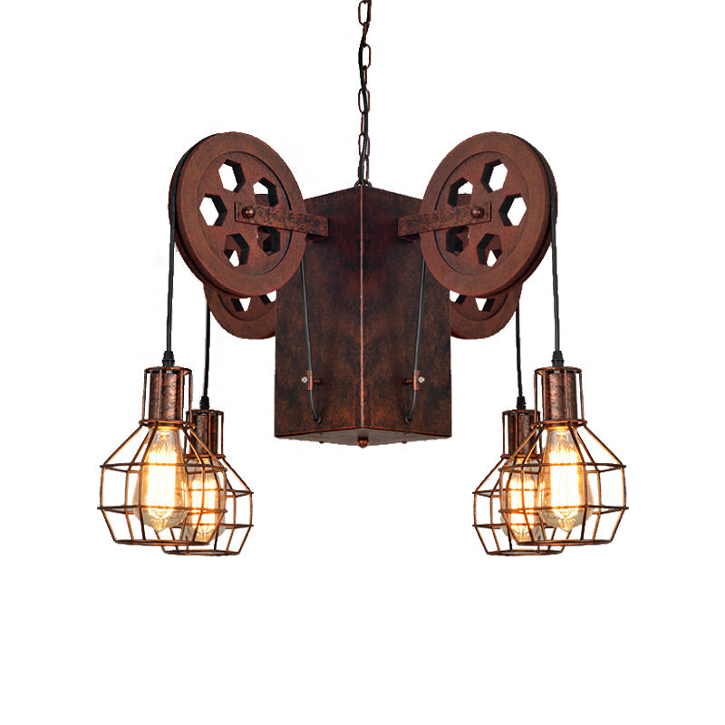 Industrial Metal Rust Pendant Lamp With Caged Globe - 4/6 Light Chandelier Fixture And Gear