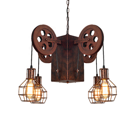Industrial Metal Rust Pendant Lamp With Caged Globe - 4/6 Light Chandelier Fixture And Gear