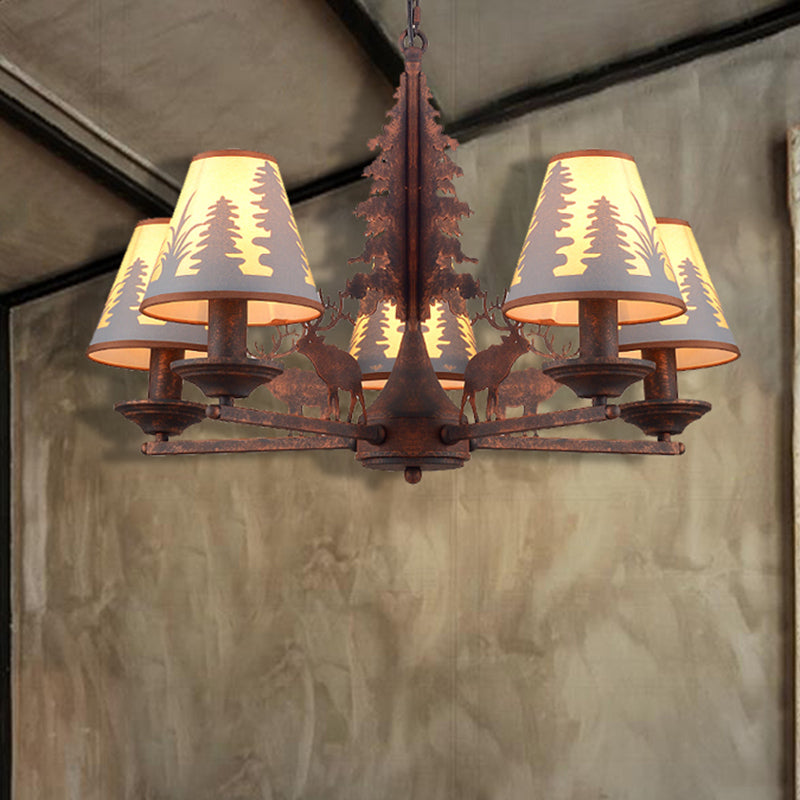 Industrial Cone Metal & Fabric Chandelier - 3/5/8 Light Pendant Lighting For Dining Room In Rust