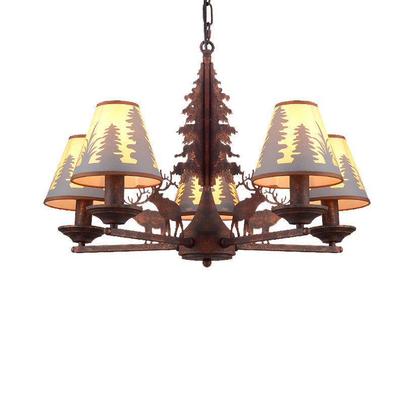 Industrial Cone Metal & Fabric Chandelier - 3/5/8 Light Pendant Lighting For Dining Room In Rust