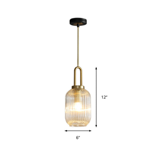 Modernist Gold Glass Pendant Light - Clear Ribbed Cylindrical/Drum/Globe Design 1 6’/8’/12’