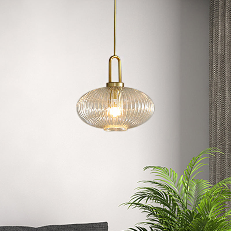 Modernist Gold Glass Pendant Light - Clear Ribbed Cylindrical/Drum/Globe Design 1 6’/8’/12’