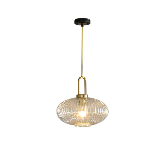 Modernist Clear Ribbed Glass Pendant Hanging Lamp Fixture - 1 Light Gold 6/8/12 Wide For Kitchen