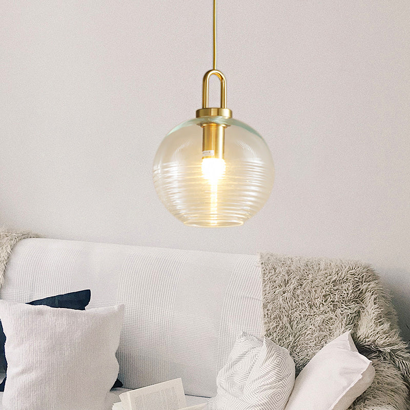 Modernist Clear Ribbed Glass Pendant Hanging Lamp Fixture - 1 Light Gold 6/8/12 Wide For Kitchen