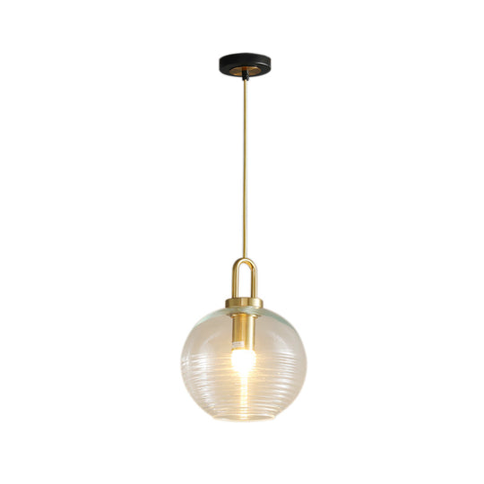 Modernist Gold Glass Pendant Light - Clear Ribbed Cylindrical/Drum/Globe Design 1 6’/8’/12’
