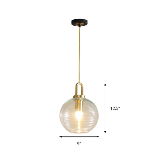 Modernist Clear Ribbed Glass Pendant Hanging Lamp Fixture - 1 Light Gold 6/8/12 Wide For Kitchen