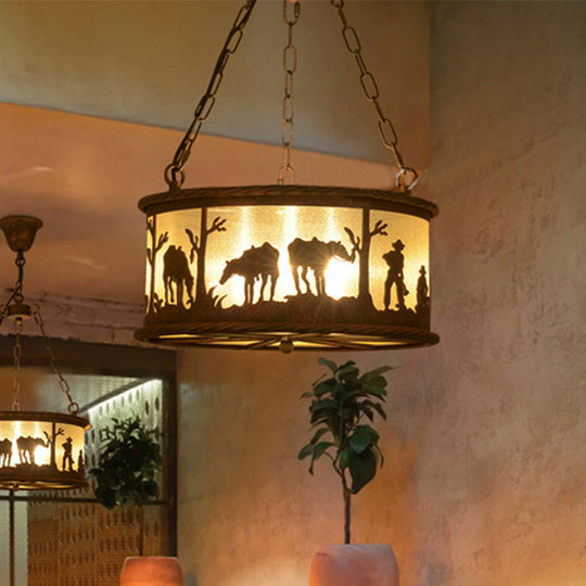 Vintage Drum Pendant Chandelier: 3-Bulb Metal & Fabric Ceiling Lamp With Animal Pattern - Rust