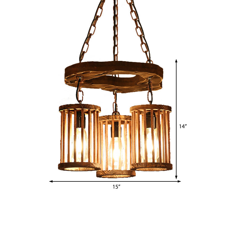 Industrial Wood And Black Cylinder Chandelier With 3 Lights Chain For Dining Room