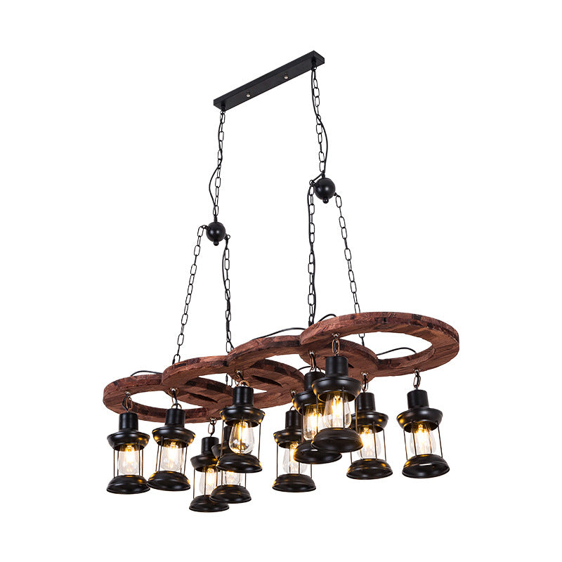 Vintage Black Chandelier Pendant Lamp With Clear Glass Lantern And Wooden Shelf - 10 Lights