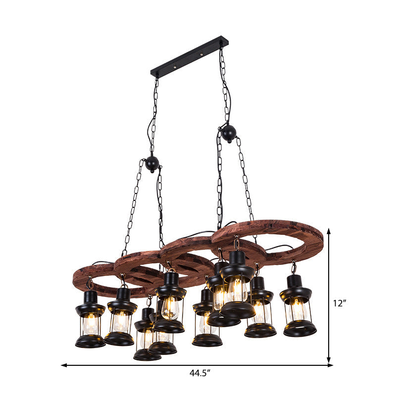Vintage Black Chandelier Pendant Lamp With Clear Glass Lantern And Wooden Shelf - 10 Lights