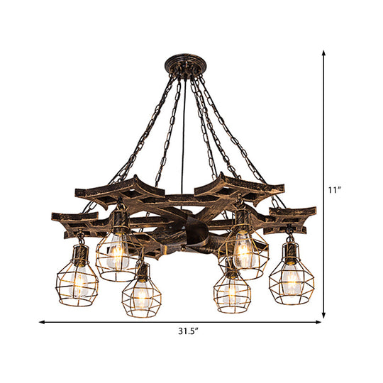 Vintage Bronze Metal Globe Chandelier - 6 Bulbs Hanging Ceiling Fixture With Cage