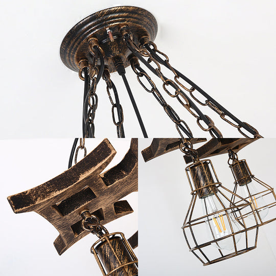 Vintage Bronze Metal Globe Chandelier - 6 Bulbs Hanging Ceiling Fixture With Cage