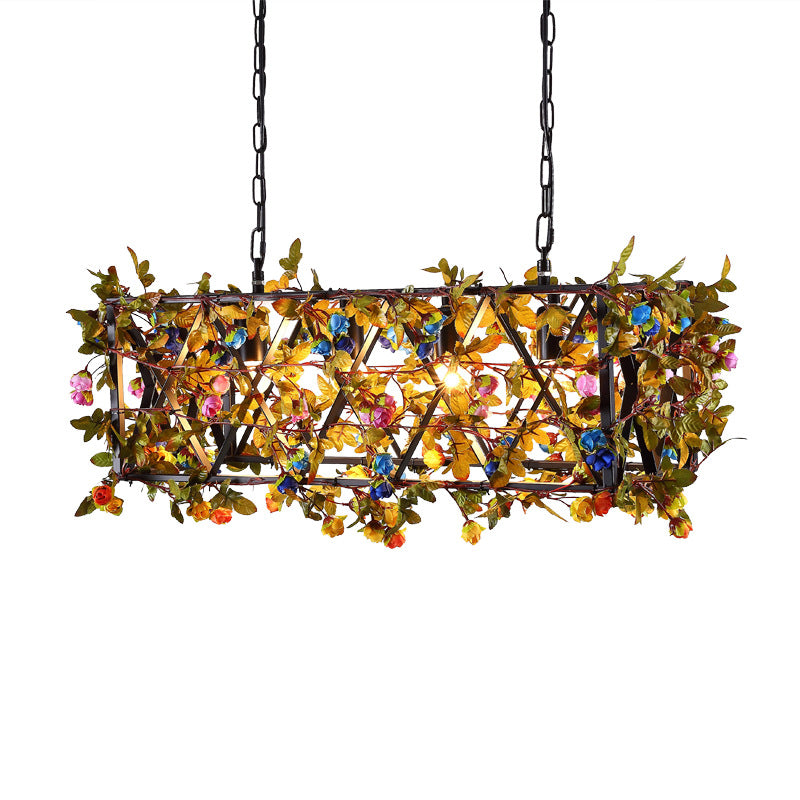 Industrial Metal Chandelier: 4-Light Black Dining Room Pendant With Flower Detail