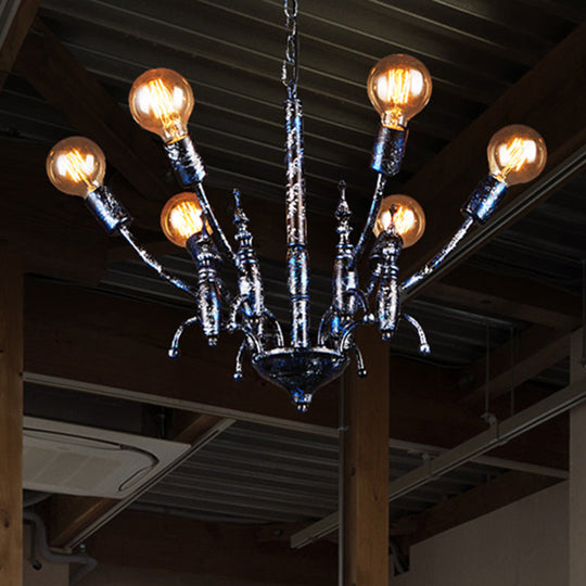 Vintage Black Chandelier With 6 Exposed Bulbs - Metal Pendant Lamp Sputnik Shade
