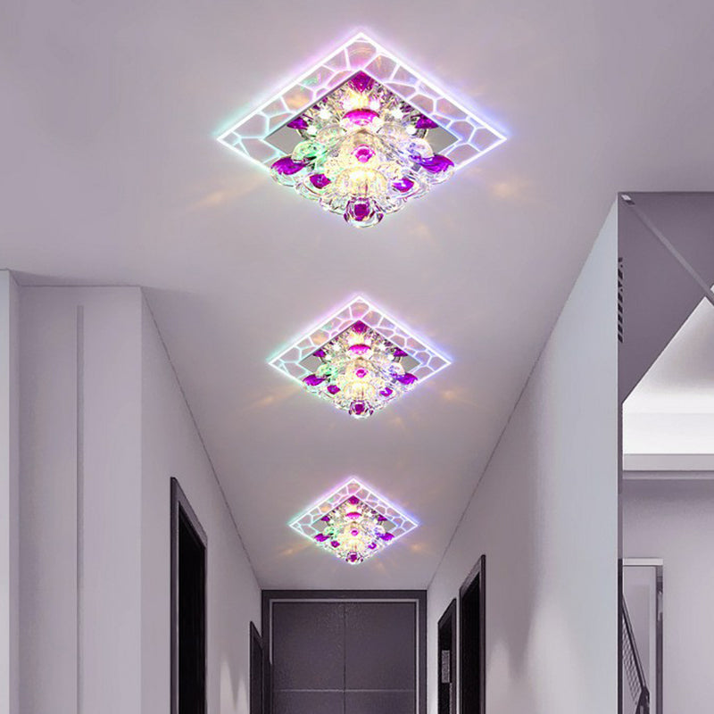 Modern Clear Led Flush Light Fixture For Corridor - Crystal Square Design / 3W Multi Color
