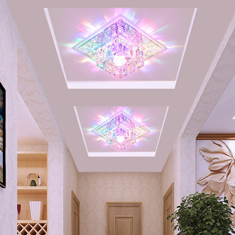Crystal Led Hallway Flush Mount Light - Minimalist Square Design In Clear