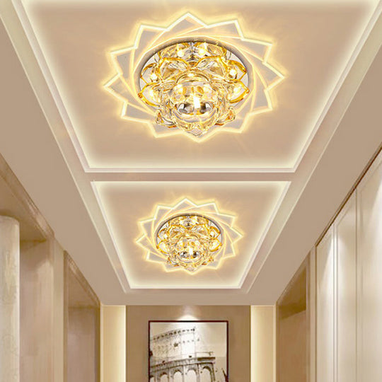 Simplicity Crystal Lotus Led Flush Mount Ceiling Light In Clear Ideal For Corridors
