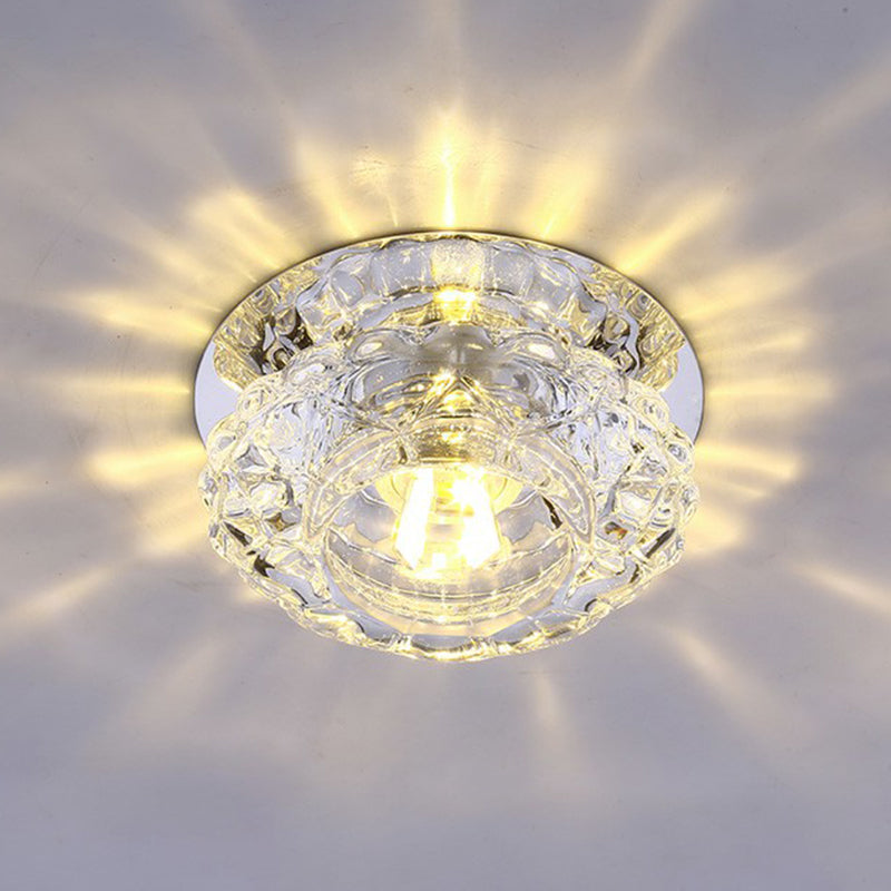 Minimalist Crystal Led Flush Mount Fixture With Clear Floral Shade- Perfect For Foyer Lighting