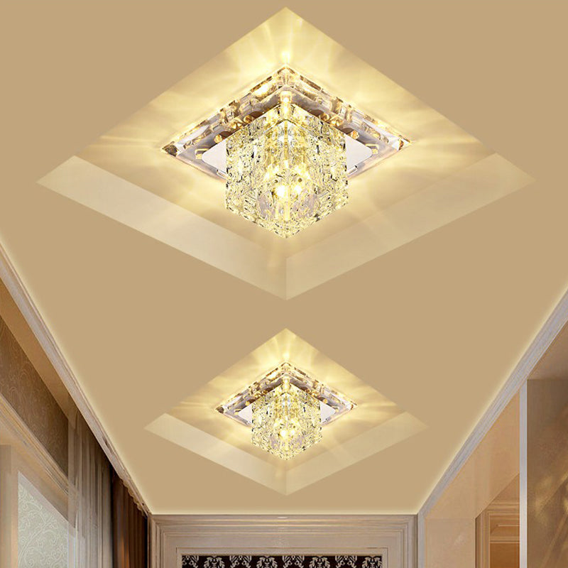 Crystal Clear Led Flush Ceiling Light Fixture For Corridor - Artistic Square Design / 5.5 Warm